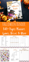 Printable Halloween Binder. 150+ pages of fabulous Halloween content, including planning, party planner, games (maze, treasure hunt, scavenger hunt, word search, crossword bingo, & more), decor, food & drink decorations, recipes, & more.