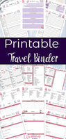 Printable travel binder. 20+ pages. Planning pages, itineraries, flight & hotel information, packing lists for all ages, budget worksheets, & more.