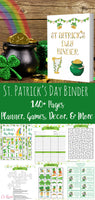 Printable St. Patrick’s Day Binder. 130+ pages that include everything you need for a fabulous holiday: Planner, Games & Activities- including treasure hunt, coloring pages, maze, Bingo, more! Decor- banners, wall art, place cards, napkin rings, and more. And food & drink tags- wine/soda bottle tags, cupcake toppers, water bottle wrappers, etc.