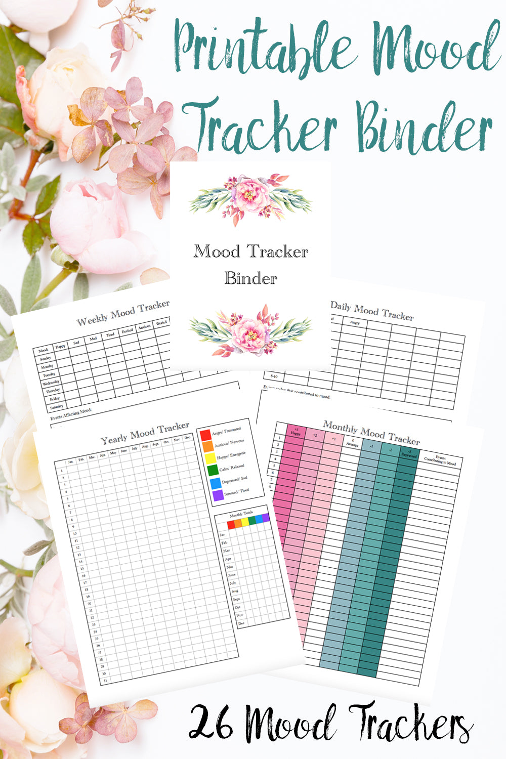 Printable mood tracker binder. 26 different mood trackers. Daily, weekly, monthly, & yearly. Monthly themed & more. 