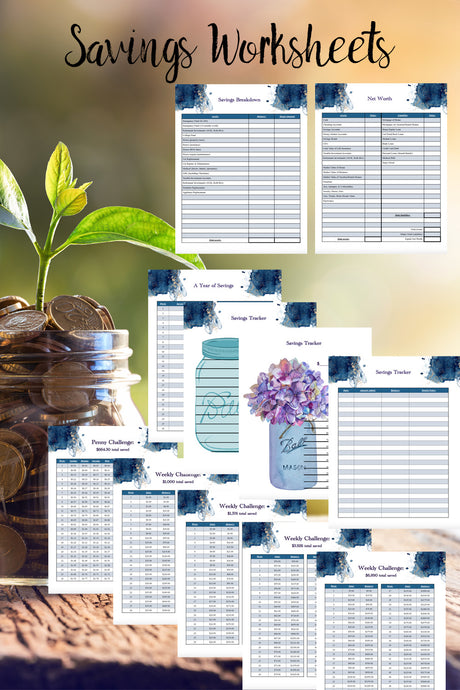 12 pages of savings printables. Contents: • Net Worth Worksheet, • Savings Breakdown Worksheet, • Savings Trackers x 3, • A Year of Savings Chart, • Savings Challenges x 5.